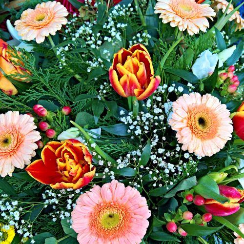 Pavasario Puokštė, Gėlės, Daug Gėlių, Tulpės, Gerbera, Gypsophila, Spalvinga, Linksmas, Gražus, Floristika