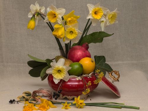 Natiurmortas, Vaisiai, Gėlės, Atogrąžų Vaisiai, Narcizai, Pavasaris, Spalvinga