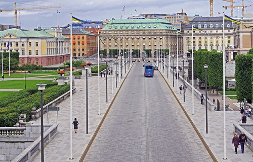 Stokholmo,  Parlamentas Sala,  Boulevard,  Peržiūrėti Nuo Miesto Rūmuose,  Graf-Adolf-Platz,  Vyriausybė Rajono,  Tiltai,  Downtown,  Stadtmitte,  Centrinis,  Flag Grotelės,  Švedija,  Kapitalas,  Norrbro