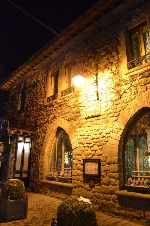 Mūrinis Namas, Naktis, Restoranas, Viduramžių Namai, Carcassonne, France, Viduramžių