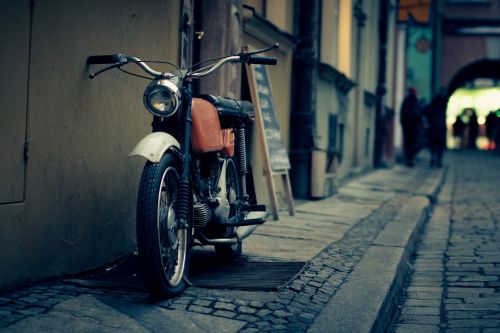 Gatvė, Šaligatvis, Vintage, Senas, Motociklas, Motociklas, Variklis, Plyta