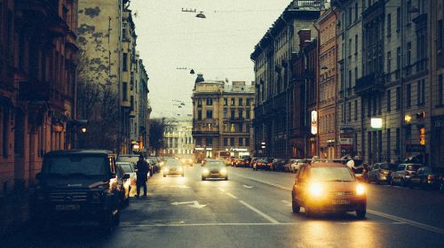 Gatvė, Twilight, Priekiniai Žibintai, Sankt Peterburgo Rusija, Architektūra, Kelias