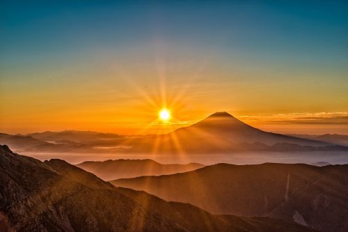 Saulė, Mt Fuji, Japonija, Kraštovaizdis, Pietų Alpėse, Spalio Mėn