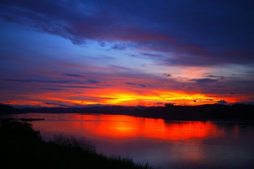 Saulėlydis, Upė, Tailandas, Laosas, Dangus, Vakarinis Dangus, Gamta, Raudona, Į Pietryčius, Asija, Twilight, Vakaras, Dusk, Panorama, Šviesa, Saulė, Vanduo, Kraštovaizdis