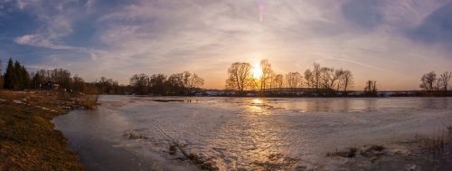 Saulėlydis, Panorama, Pavasaris, Upė, Ledas, Gamta, Rusija