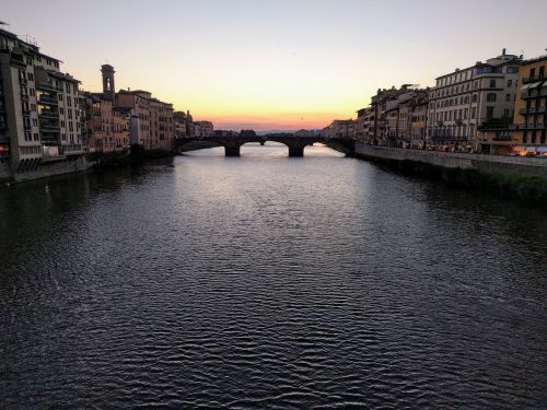 Saulėlydis, Upė, Arno, Kraštovaizdis, Tiltas, Florencija, Firenze, Architektūra, Italy