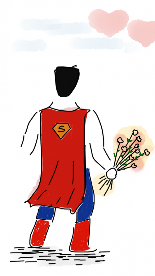 Supermenas, Supermenas Įsimylėjęs, Meilė, Gėlės, Širdis, Super, Super Herojus, Herojus, Laimingas, Laimė, Valentine, Džiaugsmas, Romantiškas, Santykiai, Romantika, Data, Mergina, Vaikinas, Pažintys, Linksmas, Valentino, Jubiliejus, Piešimas, Eskizas, Doodle