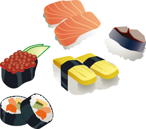 Sushi, Sushi Roll, Japanese, Maistas, Jūros Gėrybės, Žuvis, Ryžiai, Vinegared, Jūros Gėrybės, Rytietiškas, Virtuvė, Valgyti, Apvynioti, Vaisiai, Nemokama Vektorinė Grafika