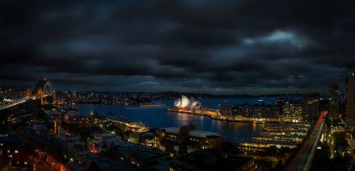 Sidnėjus, Australia, Panorama, Naktis, Vakaras, Miestas, Miesto, Operos Teatras, Orientyras, Įlanka, Uostas, Vanduo, Apmąstymai, Žibintai, Kelionė, Turizmas, Gražus, Hdr, Centro, Miesto Panorama