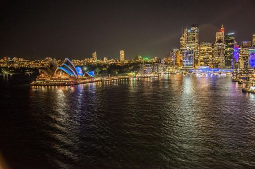 Sidnėjus, Australia, Sidnėjaus Uostas, Sidnėjaus Operos Rūmai, Naktis, Pastatai, Šviesos Šou