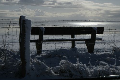 Sylt, Munkmarsch, Jūra, Žiema, Sniegas, Bankas, Tvora, Debesys