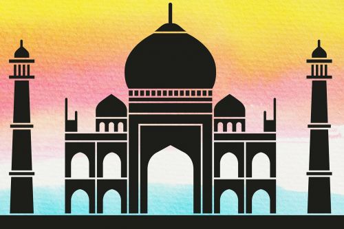 Taj Mahal, Vainiko Vieta, Karūnos Rūmai, Mauzoliejus, Kapinės Mečetė, Akvarelė, Mėlynas, Balta, Raudona, Geltona, Indija, Siluetas, Kontūras, Kontūrai, Rankų Darbo Popierius