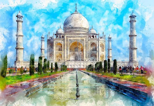 Taj Mahal,  Paminklas,  Marmuro,  Menas,  Akvarelė,  Turizmas,  Vintage,  Spalvinga,  Meninis,  Tekstūros,  Vandens,  Dizainas,  Grungy,  Aquarelle,  Dažų Šļakstēties,  Skaitmeninis Dažai,  Skaitmeninis Menas,  Nemokama Iliustracijos