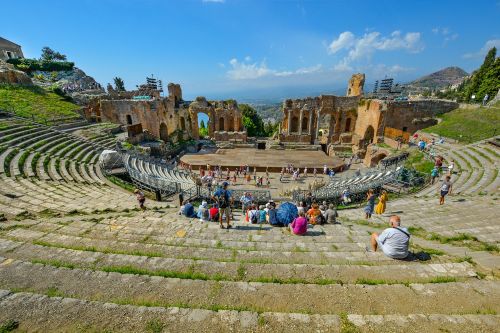 Taormina, Teatras, Teatras, Graikų Kalba, Sicilija, Griuvėsiai, Senovės, Viduržemio Jūros, Europa, Kalnas, Vaizdas, Jūra, Architektūra, Sala