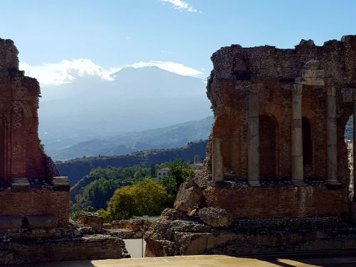 Taormina, Etna, Sicilija, Graikų Teatras, Saulės Šviesa, Mėlynas Dangus, Graikų Architektūra