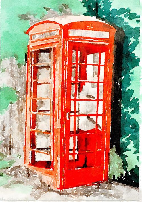 Telefonas, Anglija, Piešimas, Akvarelė