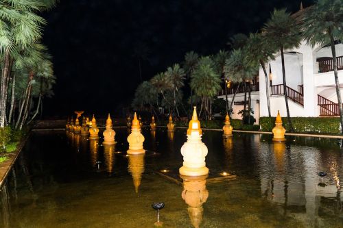 Tailandas, Phuket, Marriott Paplūdimio Kurortas, Naktinė Fotografija, Žibintai, Vanduo, Atspindys, Vakaras