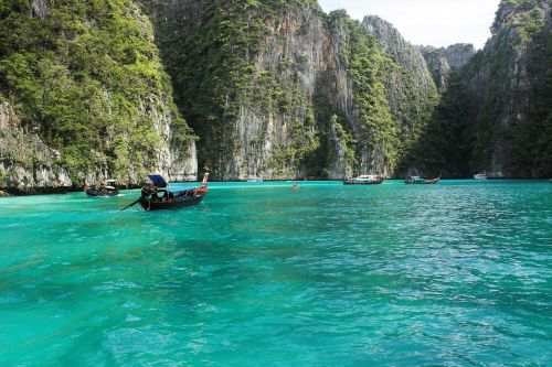 Ko Phi Phi Lee, Tailandas, Paplūdimiai, Vandenys, Mėlyna Lagūna, Sala, Valtys, Turistai