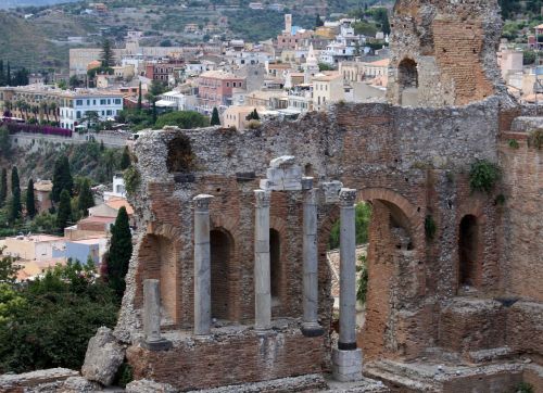 Amfiteatras, Griuvėsiai, Senovės, Taormina, Sicilija, Paminklas, Architektūra, Italy, Atostogos, Senas