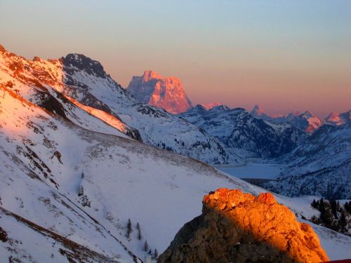 Dolomitai, Kalnai, Saulėlydis, Žiema, Italy, Sniegas