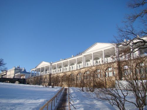 Rūmų Ansamblis Tsarskoe Selo, Rusija, Rūmai, Medžiai, Šešėlis, Žiema, Kopėčios, Sniegas