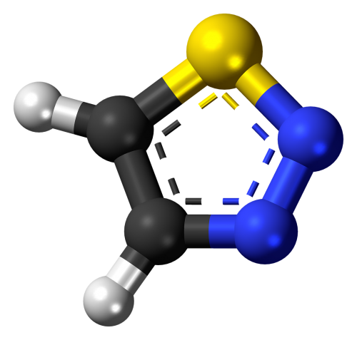 Tiadiazolas, Aromatiniai, Rutulys, Stick, Modelis, Molekulė, Cheminis, Struktūra, Atomai, Elementai, Mokslas, Tyrimai, Formulė, Ekologiškas, Klijavimas, Ryšys, 3D, Medžiaga, Junginys, Žiedas