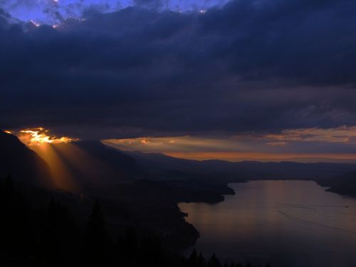 Thunersee, Ežeras, Saulėlydis, Vakare, Debesis, Debesys, Dangus, Šveicarija, Alpės