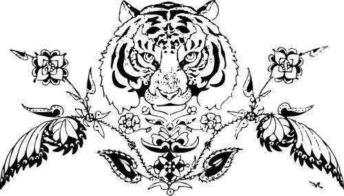 Tigras, Gyvūnas, Apdaila, Gėlė, Modelis, Simetriškas, Drakonas, Juostelė, Kailis, Lapai, Knygos Plokštė, Ornamentas, Ornamentinis Modelis, Dekoratyvinis, Dažymas, Juoda, Balta