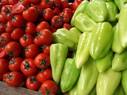 Pomidorai, Pipirai, Daržovės, Maistas, Turgus, Augalai, Žalias, Raudona, Virtuvė, Valgyti, Spalvinga, Vegetales