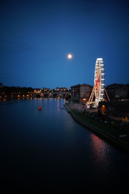 Toulouse, Naktis, Ferris Ratas, Mėnulis, Upė, Garonne
