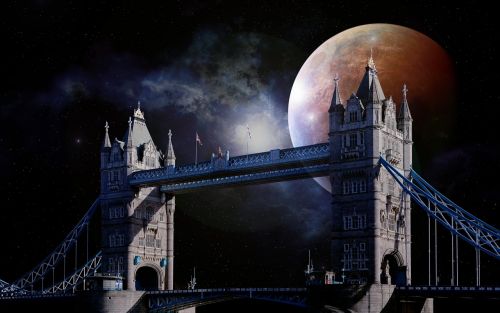 Bokšto Tiltas, Londonas, Anglija, Brexit, Debesys, Dangus, Teleobjektyvas, Naktis, Luna, Pilnatis, Mėnulio Šviesa, Priartinti, Astronomija, Marsas