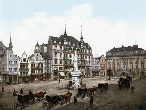 Miesto Rotušė, Arklių Vilkikas, Bonas, 1900, Fotochromas, Prekyvietė