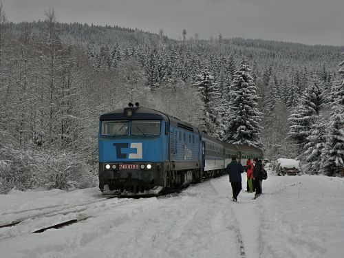 Traukinys, Lokomotyvas, Žiema, Pietus, Pietų Богемия, Šumava, Kraštovaizdis