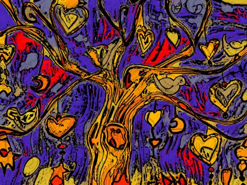 Medis,  Medžiai,  Paukštis,  Paukščiai,  Širdis,  Širdis,  Piešimas,  Meno,  Menas,  Laisvas,  Viešasis & Nbsp,  Domenas,  Animacinis Filmas,  Modernus & Nbsp,  Menas,  Abstraktus,  Chaosas,  Violetinė,  Auksas,  Raudona,  Oranžinė,  Picasso,  Medis,  Paukščiai Ir Širdys