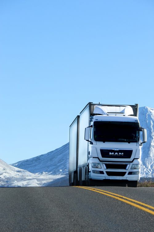 Sunkvežimis, Kelias, Transporto Priemonė, Sniegas, Balta, Mėlynas, Sunkvežimis, Transportas