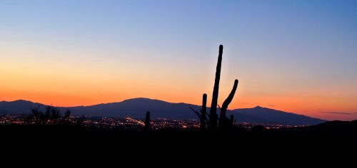 Tucson,  Saulėtekis,  Kalnai,  Kaktusas,  Dykuma,  Gamta,  Kraštovaizdis,  Miestas,  Žibintai,  Panorama,  Tuksono Saulėtekio Panorama