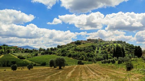 Toskana, Italy, Kraštovaizdis, Dangus, Debesys, Kaimas, Kalnas, Laukai