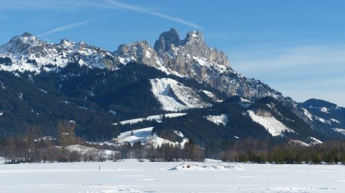 Tyrol, Tannheimertal, Raudona Flüh, Gimpelis, Žiema, Sniegas, Dangus, Mėlynas, Panorama
