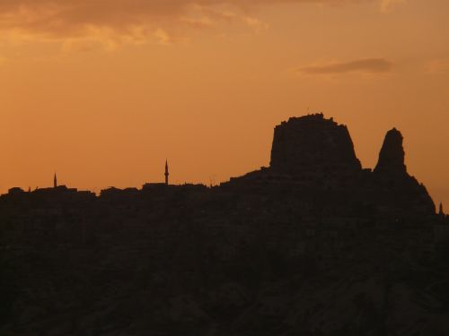 Uchisar, Cappadocia, Nevşehir, Turkija, Abendstimmung, Saulėlydis, Romantika, Minaretas