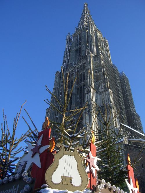 Ulmi Katedra, Gotika, Aukščiausias Bažnyčios Bokštas, Dangus, Mėlynas, Kalėdų Rinka