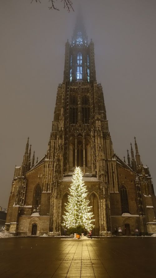 Ulmi Katedra, Kalėdų Eglutė, Apšviestas, Kalėdų Laikas, Naktis, Ulm, Gotika, Bažnyčia