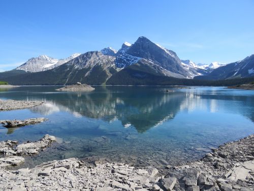 Viršutinis Kananaskis Ežeras, Alberta, Kanada, Atspindys, Kalnai, Uolėti Kalnai, Kananaskis, Ežeras, Dykuma, Sniegas, Gamta, Kraštovaizdis, Ledinis, Toplake, Peizažas, Lauke, Vaizdingas, Sala, Rockie