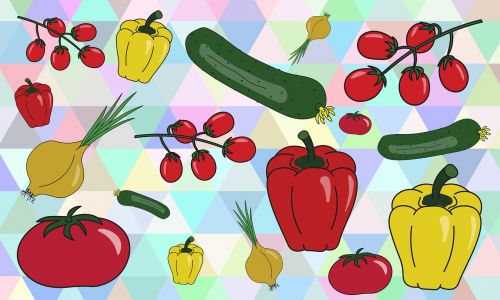 Daržovės, Agurkas, Pomidoras, Vyšnių Pomidorai, Paprikai, Pipirai, Geltonieji Pipirai, Paprika, Svogūnai, Fonas, Vektorinis Vaizdas