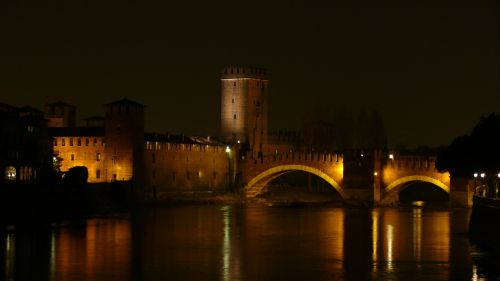 Verona, Italy, Pilis, Tiltas, Istorinis, Naktis, Upė