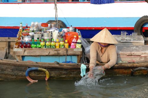 Vietnamas, Mekong Upė, Mekong Delta, Kelionė Laivu, Upė, Turgus, Plūduriuojanti Rinka, Boot, Laivas, Transportas, Prekyba, Moteris, Maistas, Gali Tho