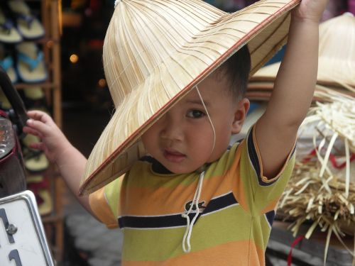 Vietnamas, Berniukas, Vaikas, Mažai, Skrybėlę, Traditionat