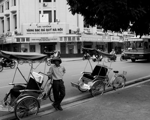 Vietnamas, Hanojus, Juoda Ir Balta, Gatvė, Rickshaw