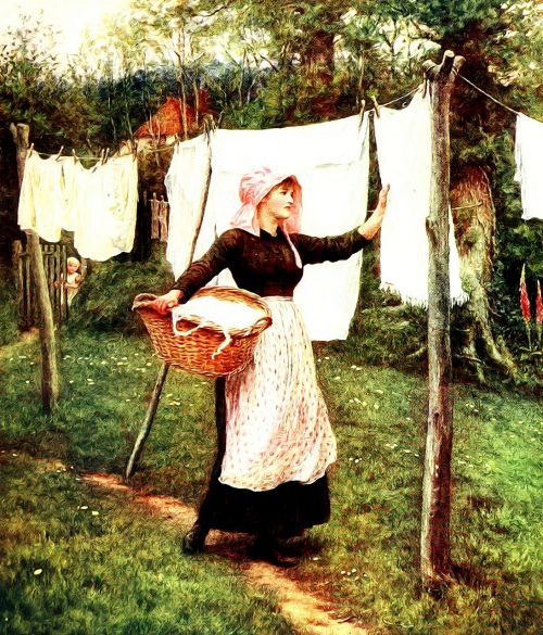 Vintage, Senamadiškas, Victorian, Senovinis, Akvarelė, Akvarelė, Dažymas, Helen Allingham, Kraštovaizdis, Scena, Vaizdingas, Peizažas, Gamta, Šalis, Kaimas, Kaimas, Sodas, Skalbimas, Skalbiniai, Moteris, Žmona, Darbas, Valymas, Gyvenimas