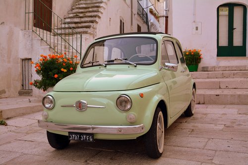Vintage Automobilis,  Penki Šimtai,  500,  Fiat,  Alėja,  Gėlės,  Laiptų,  Monte Santangelo,  Gargano,  Apulija
