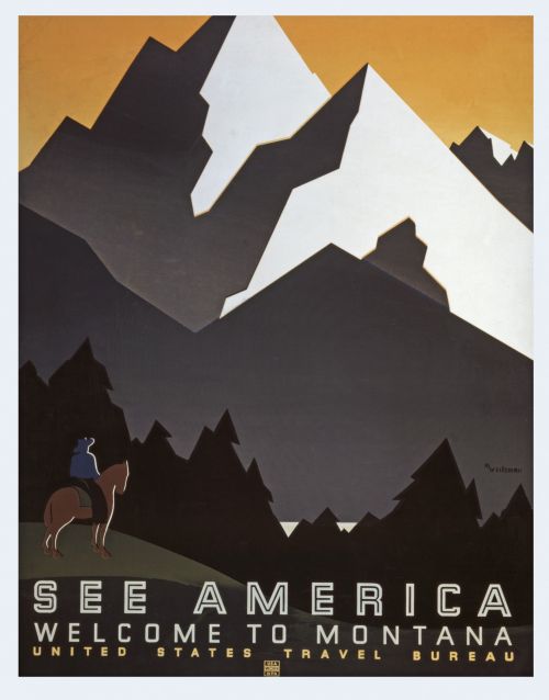 Iliustracijos,  Clip & Nbsp,  Menas,  Iliustracija,  Grafika,  Plakatas,  Vintage,  Senovinis,  Viešasis & Nbsp,  Domenas,  Kelionė,  Kelionės & Nbsp,  Plakatas,  Vietos,  Amerikietis,  Amerikietis,  Žr. & Nbsp,  Amerikoje,  Montana,  Kalnai,  Vaizdingas,  Vintage Montana Travel Poster